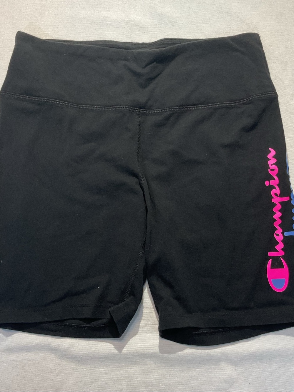 Champion Black Biker Shorts with Hot Pink Lettering Size L Comfort Sport